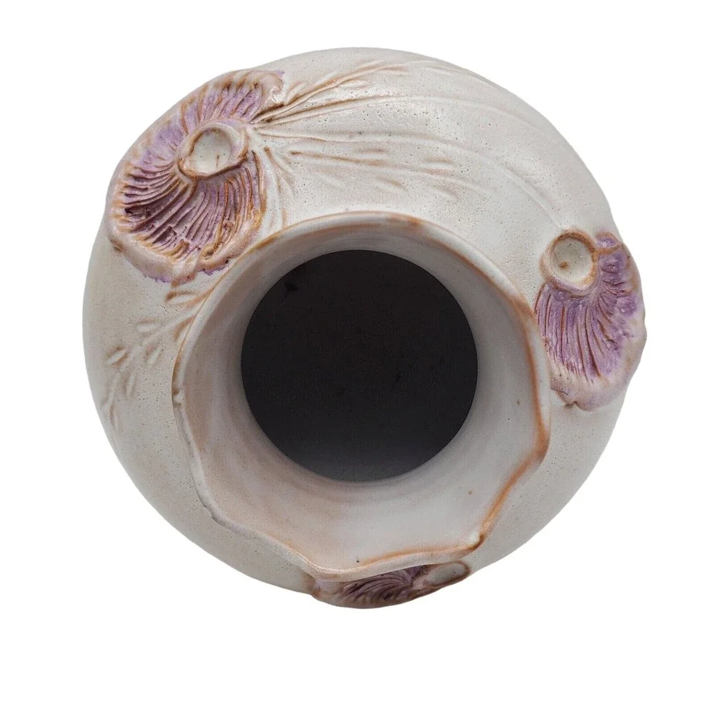 Pink Squat Pottery Vase Ceramic Raised Floral Relief Scalloped Rim Signed Retro